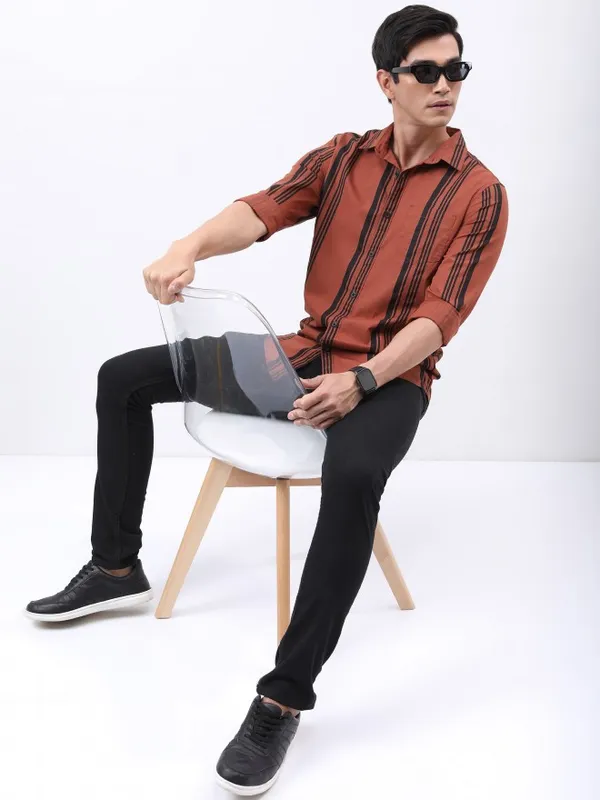  Highlander Men Terracotta Striped Slim Fit Casual Shirts