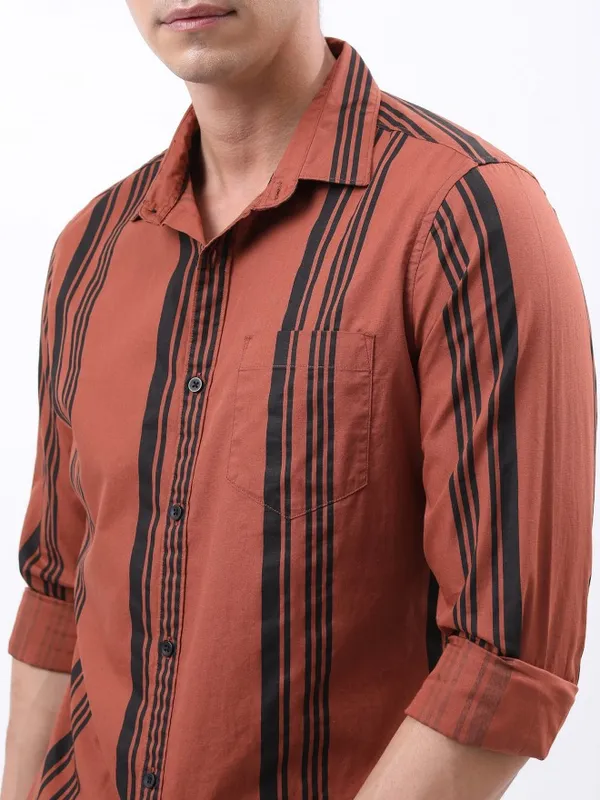  Highlander Men Terracotta Striped Slim Fit Casual Shirts