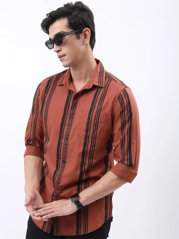  Highlander Men Terracotta Striped Slim Fit Casual Shirts