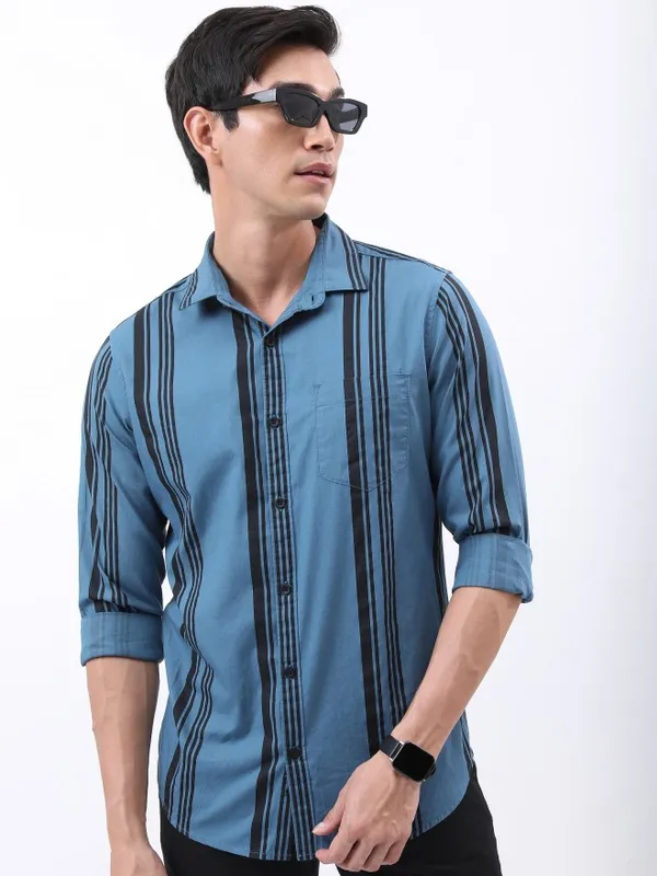  Highlander Men Blue Striped Slim Fit Casual Shirts