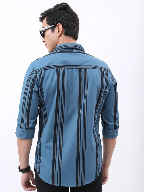  Highlander Men Blue Striped Slim Fit Casual Shirts
