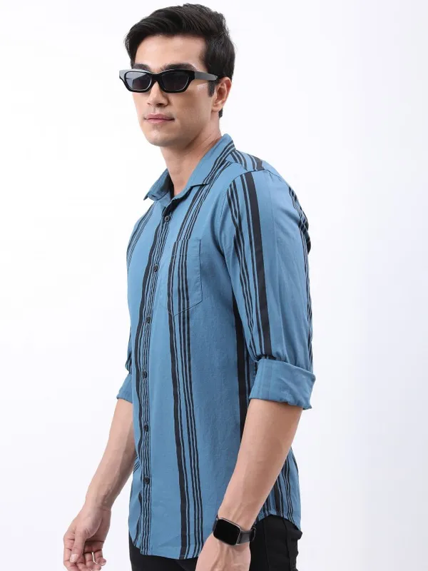  Highlander Men Blue Striped Slim Fit Casual Shirts