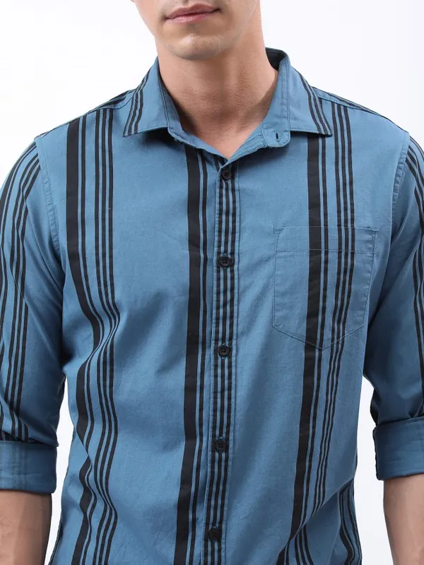  Highlander Men Blue Striped Slim Fit Casual Shirts