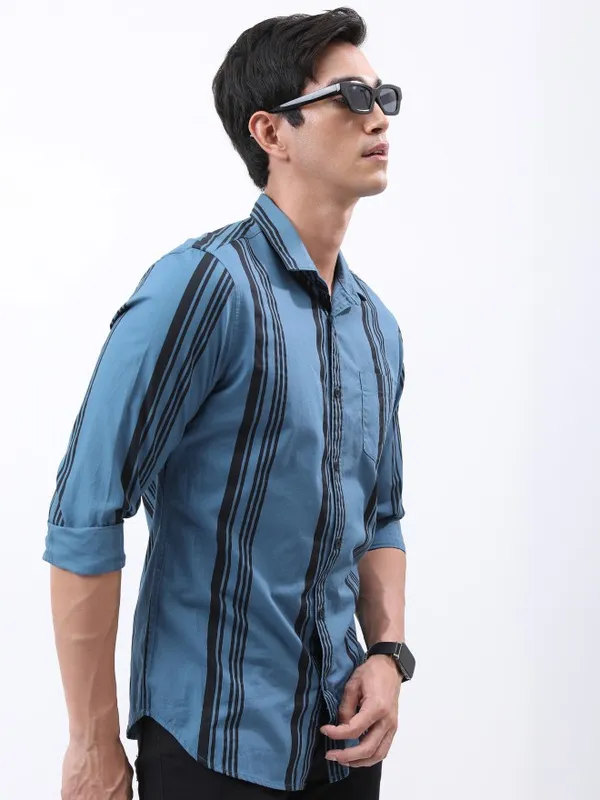  Highlander Men Blue Striped Slim Fit Casual Shirts