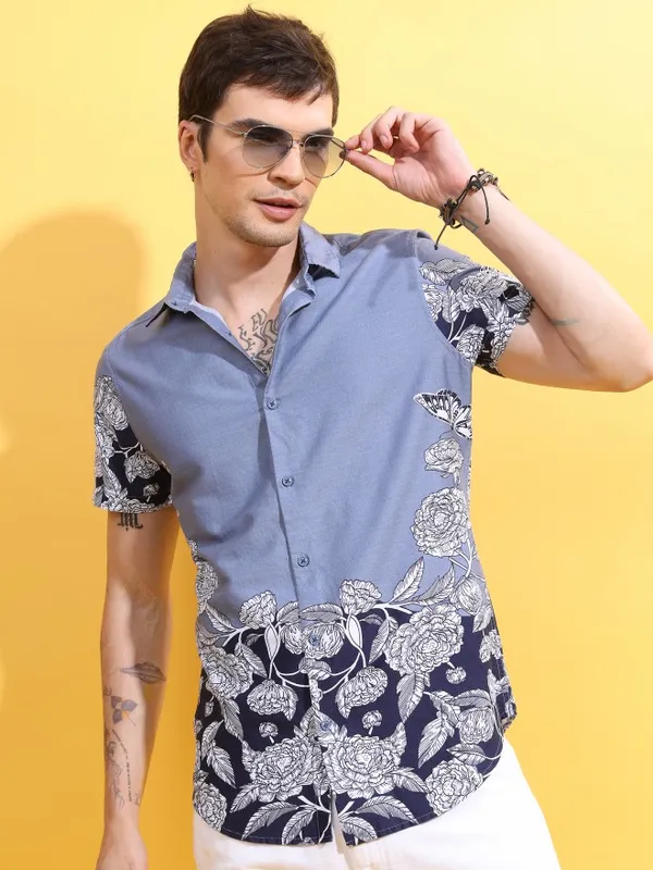  Ketch Men Blue Printed Slim Fit Casual Shirts