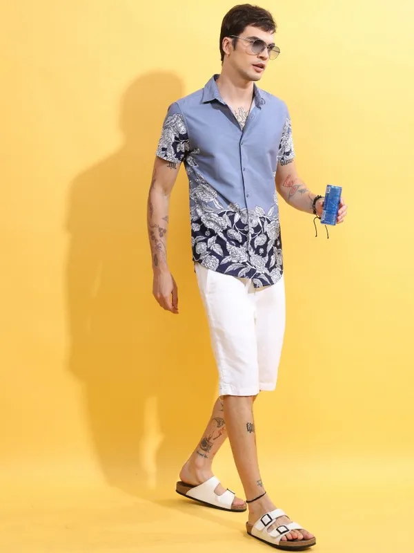  Ketch Men Blue Printed Slim Fit Casual Shirts