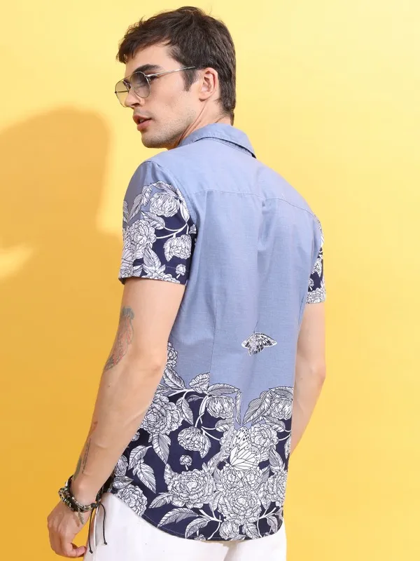  Ketch Men Blue Printed Slim Fit Casual Shirts