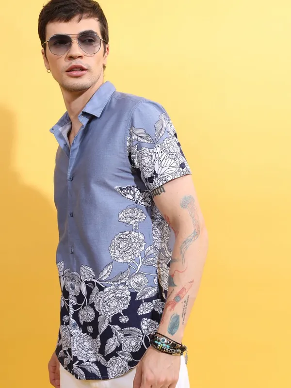  Ketch Men Blue Printed Slim Fit Casual Shirts