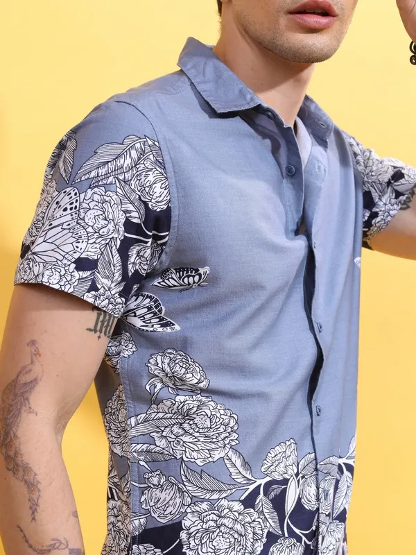  Ketch Men Blue Printed Slim Fit Casual Shirts