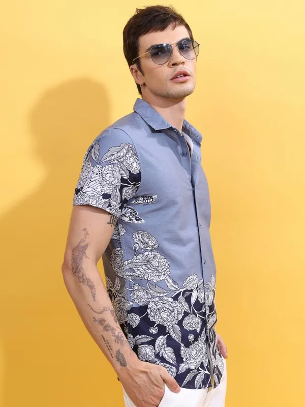  Ketch Men Blue Printed Slim Fit Casual Shirts
