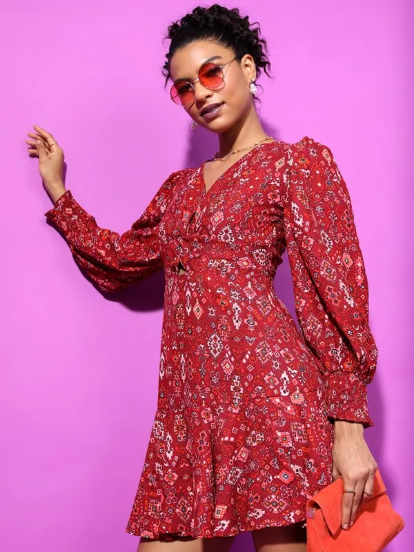 Tokyo Talkies Women Maroon Printed Fit And Flare Dress