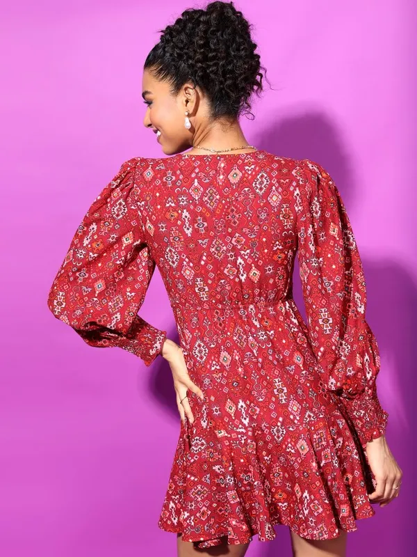 Tokyo Talkies Women Maroon Printed Fit And Flare Dress