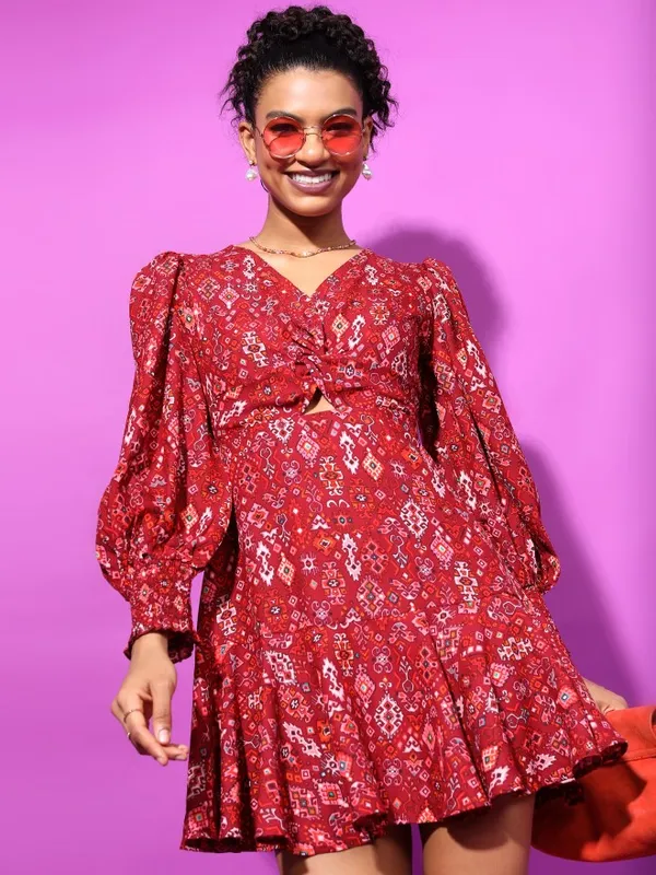 Tokyo Talkies Women Maroon Printed Fit And Flare Dress