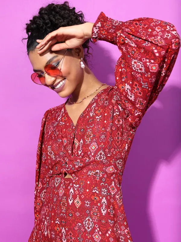 Tokyo Talkies Women Maroon Printed Fit And Flare Dress