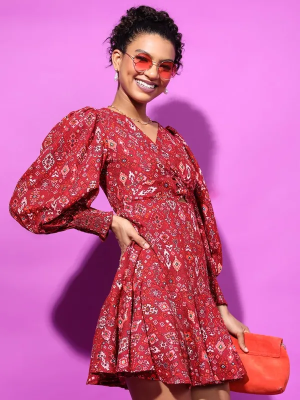 Tokyo Talkies Women Maroon Printed Fit And Flare Dress