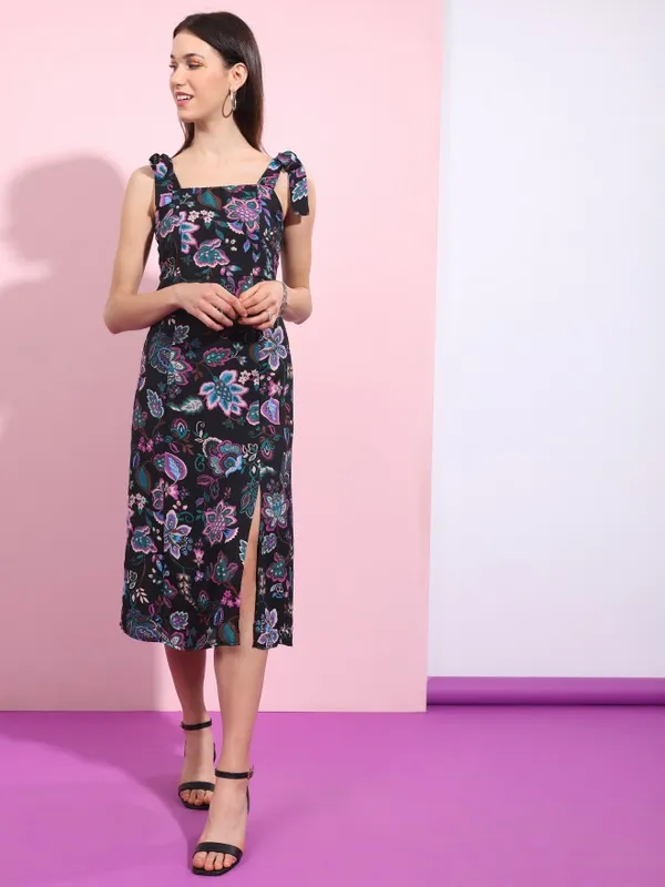 Tokyo Talkies Women Black Printed A-Line Dress