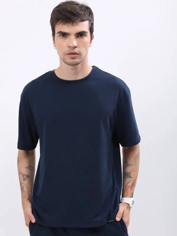  Ketch Men Navy Blue Solid Round Neck T-Shirts