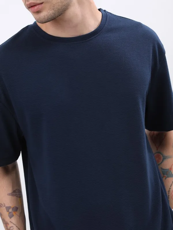  Ketch Men Navy Blue Solid Round Neck T-Shirts