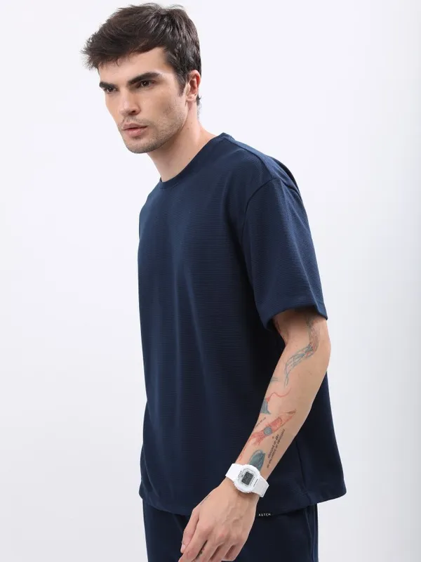  Ketch Men Navy Blue Solid Round Neck T-Shirts