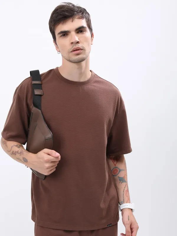  Ketch Men Brown Solid Round Neck T-Shirts