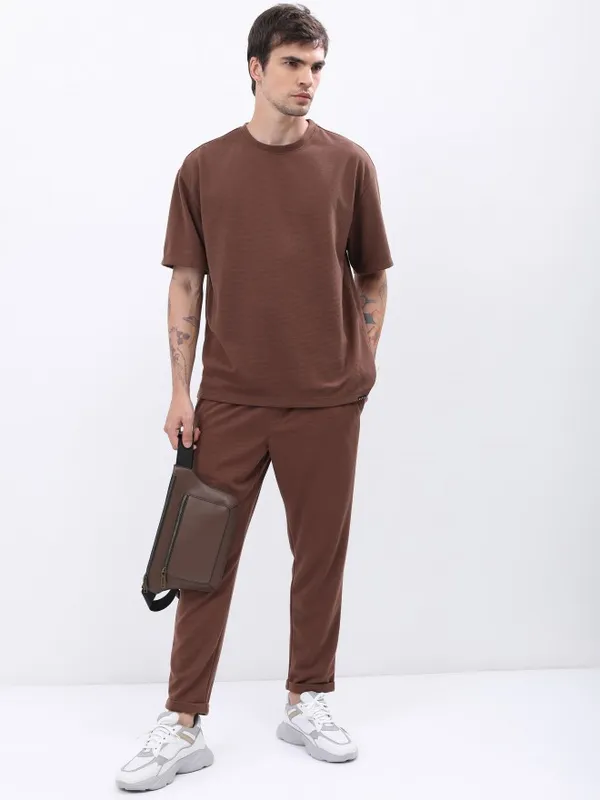  Ketch Men Brown Solid Round Neck T-Shirts