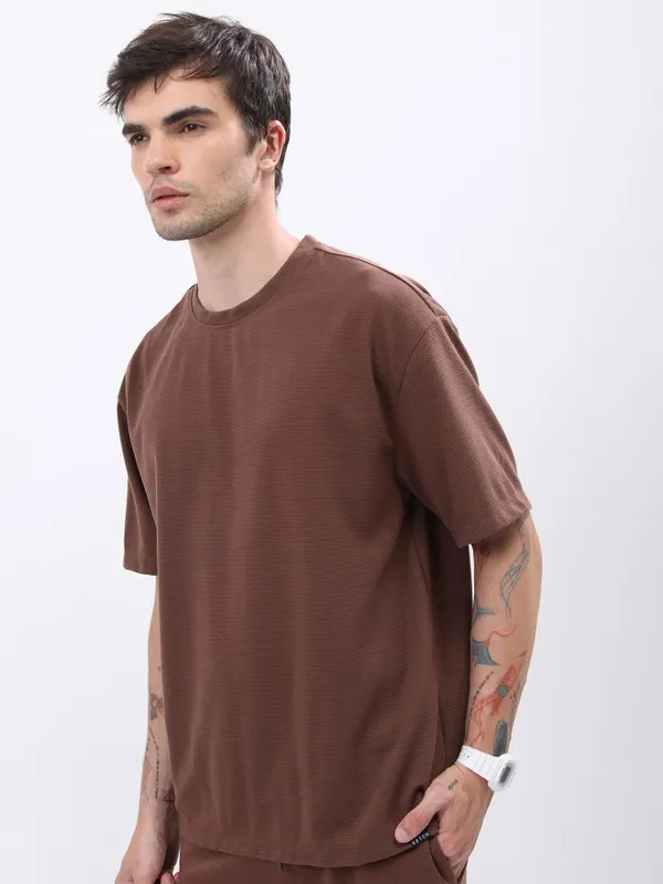  Ketch Men Brown Solid Round Neck T-Shirts