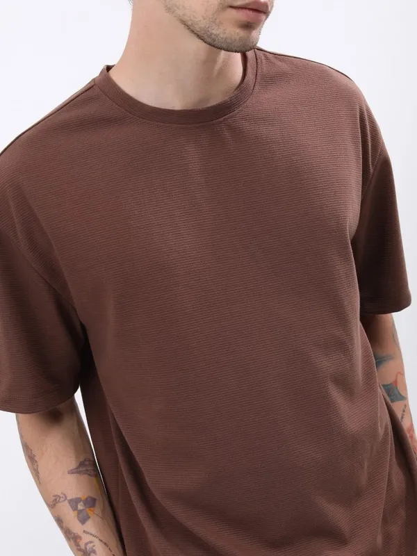  Ketch Men Brown Solid Round Neck T-Shirts