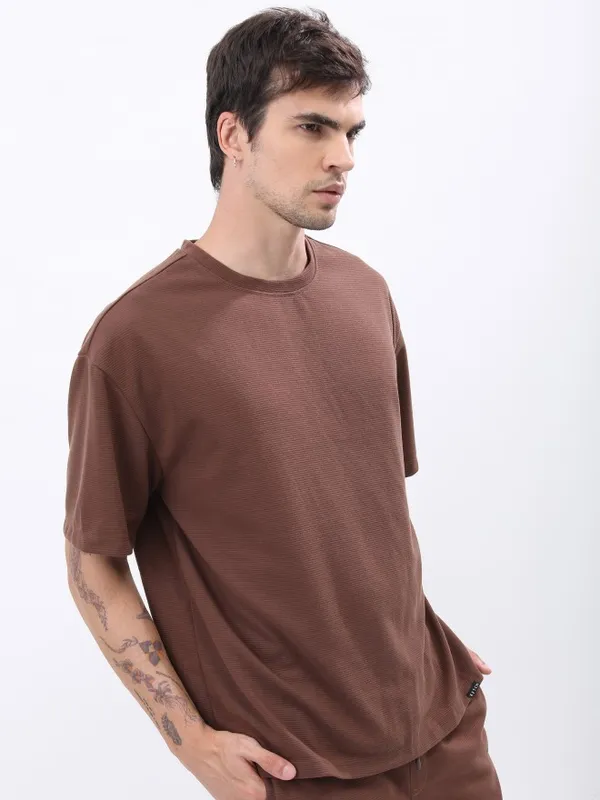  Ketch Men Brown Solid Round Neck T-Shirts