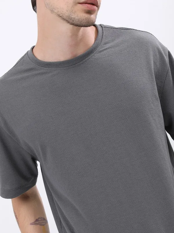 Highlander Men Structured Grey Solid Oversized Fit T-Shirt
