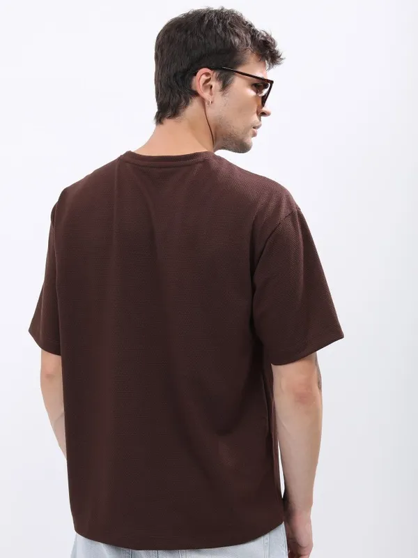 Highlander Men Coffee Brown Solid Oversized Round Neck T-Shirt