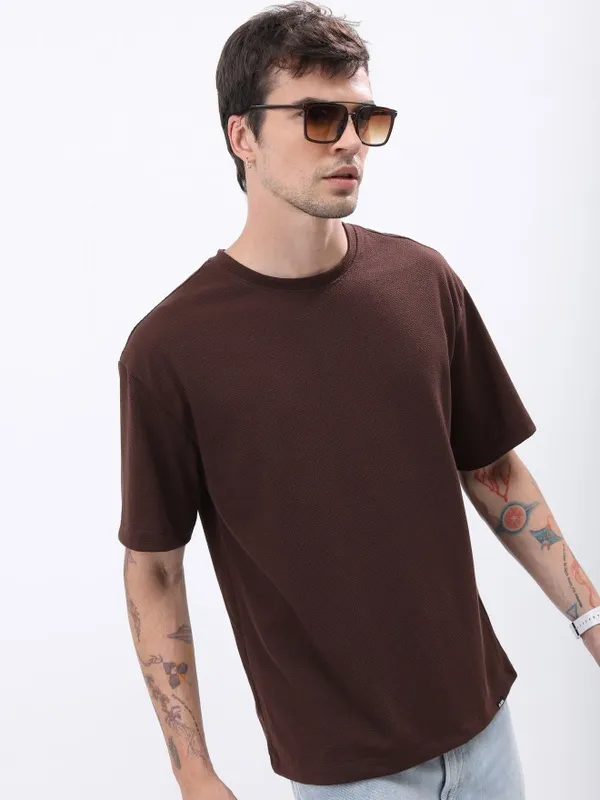 Highlander Men Coffee Brown Solid Oversized Round Neck T-Shirt