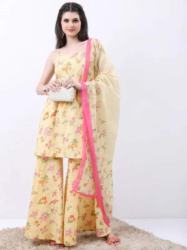Vishudh Women Yellow Printed Kurta With Sharara And Dupatta
