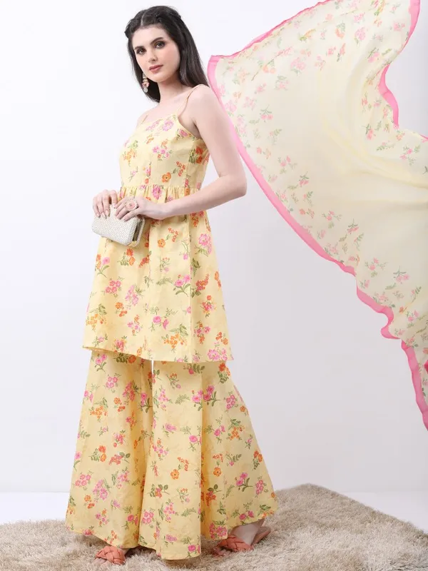 Vishudh Women Yellow Printed Kurta With Sharara And Dupatta
