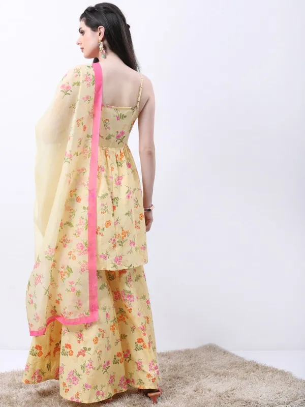 Vishudh Women Yellow Printed Kurta With Sharara And Dupatta