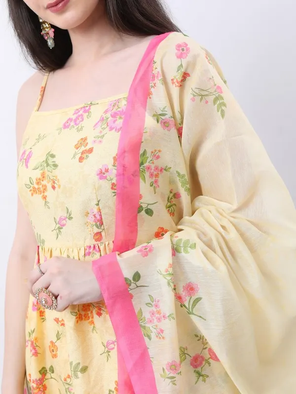 Vishudh Women Yellow Printed Kurta With Sharara And Dupatta