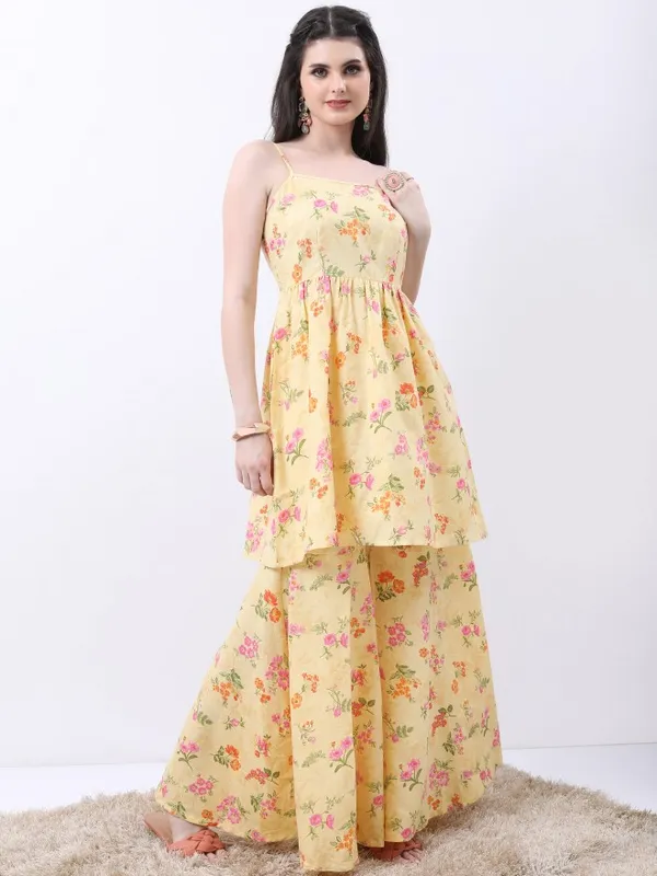 Vishudh Women Yellow Printed Kurta With Sharara And Dupatta