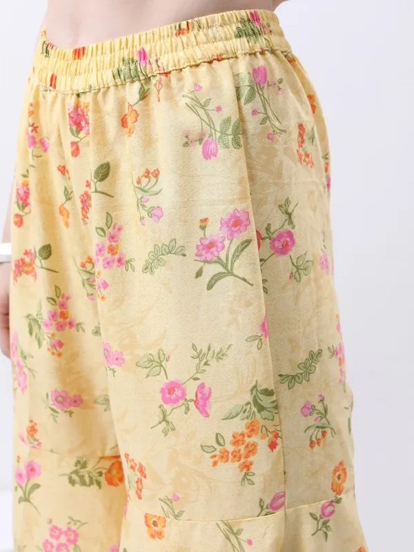 Vishudh Women Yellow Printed Kurta With Sharara And Dupatta