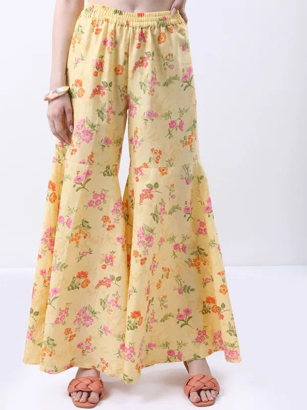 Vishudh Women Yellow Printed Kurta With Sharara And Dupatta