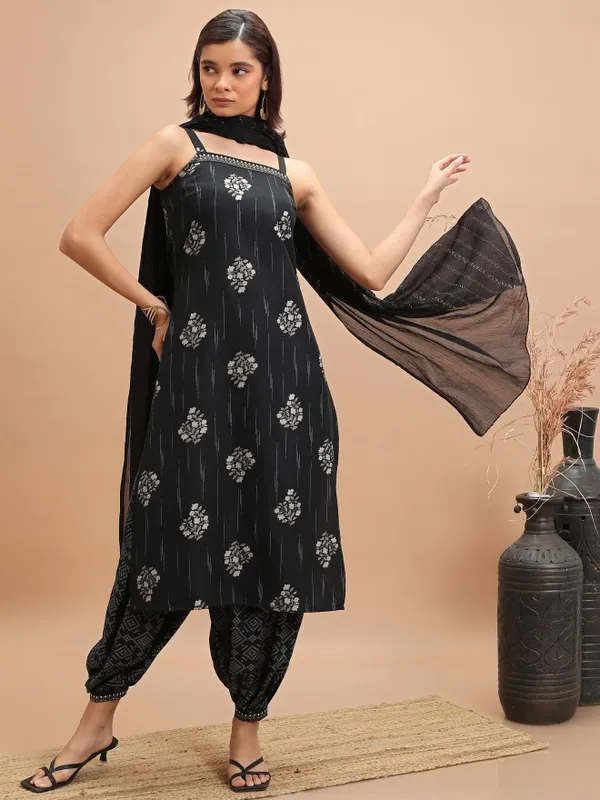 Vishudh Women Black Printed Kurta With Trouser And Dupatta