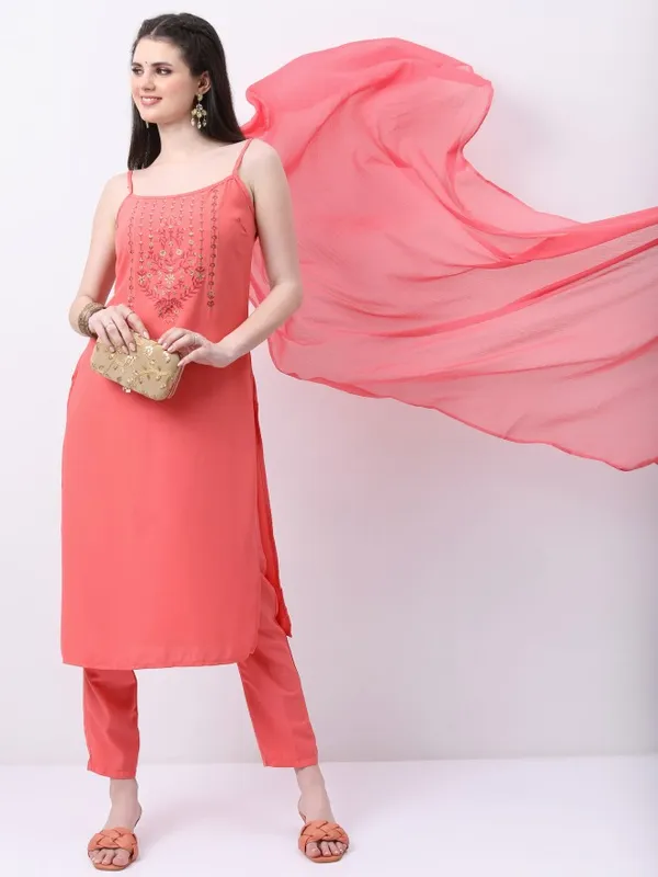  Ketch Women Peach Self Design Kurta Sets