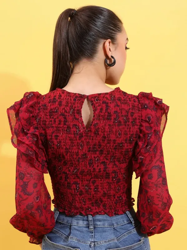 Tokyo Talkies Women Red Printed Fitted Top