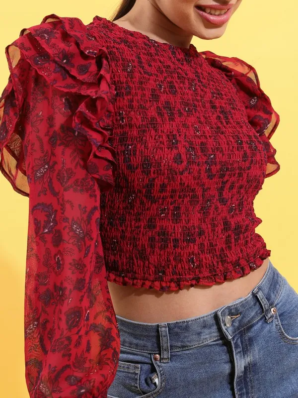 Tokyo Talkies Women Red Printed Fitted Top
