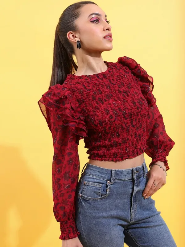 Tokyo Talkies Women Red Printed Fitted Top