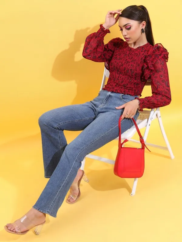 Tokyo Talkies Women Red Printed Fitted Top