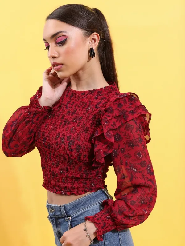 Tokyo Talkies Women Red Printed Fitted Top