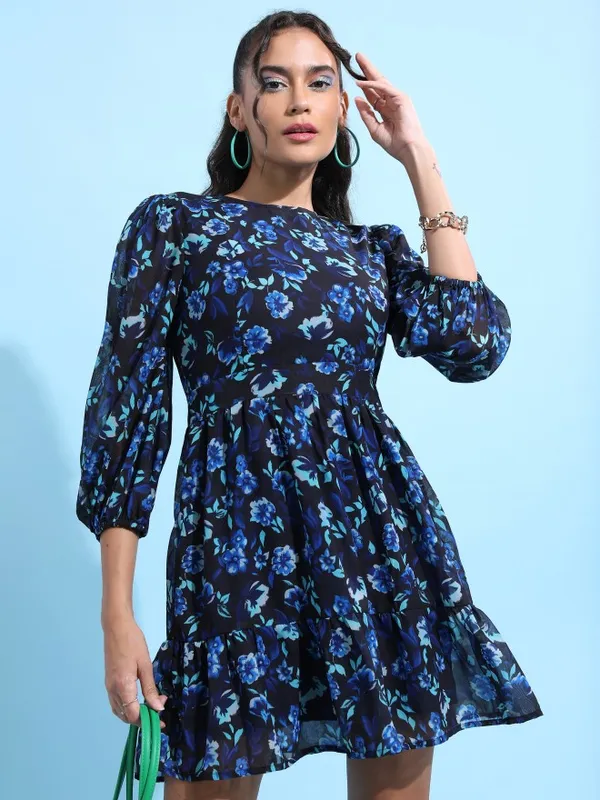 Tokyo Talkies Women Blue Printed Fit And Flare Dresses