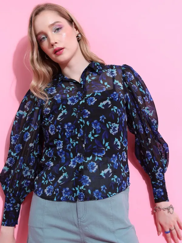  Tokyo Talkies Women Blue Printed Casual Shirts