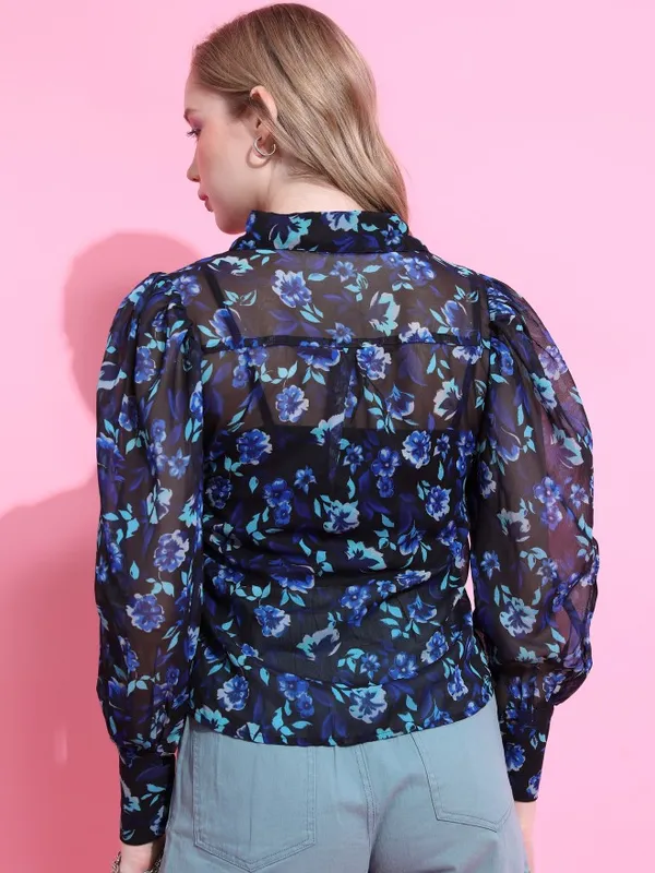  Tokyo Talkies Women Blue Printed Casual Shirts