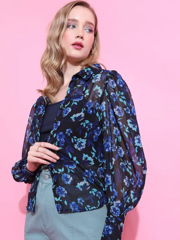  Tokyo Talkies Women Blue Printed Casual Shirts
