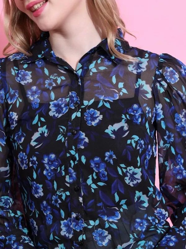  Tokyo Talkies Women Blue Printed Casual Shirts